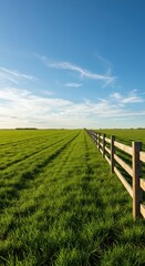 Fototapeta premium Rustic wooden fence line dividing an open green field under a wide blue sky. Sunlight illuminates the natural landscape, natural, sunny, outdoor