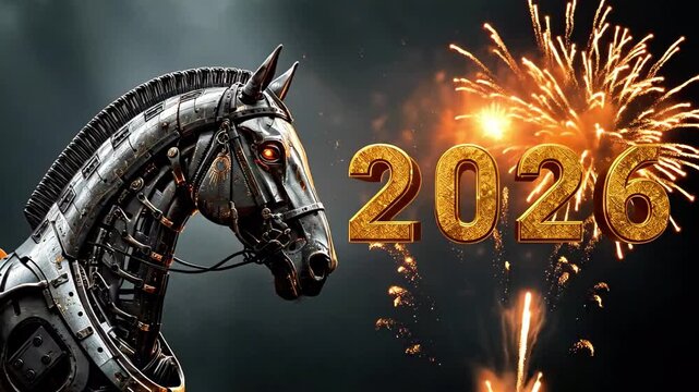 Robotic horse with glowing eyes and fireworks in background, showcasing dynamic celebration for the year 2026 with vibrant visual elements and metallic textures