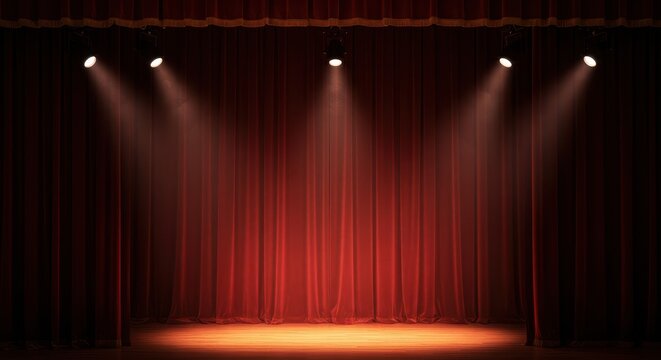 Theatrical stage setting featuring heavy red velvet curtains pulled back, revealing bright spotlights and dramatic mood lighting for an evening performance, footlights, dramatic, culture