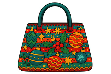 Handbag featuring festive christmas ornaments, holly, and stars, designing a joyful holiday fashion accessory