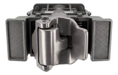 Automatic train coupler featuring interlocking knuckles and side buffer plates.