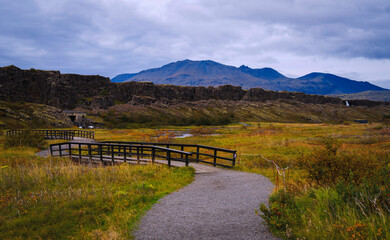 Fototapeta premium Thingvellir National Park with beautiful dramatic rocky scenery in Iceland