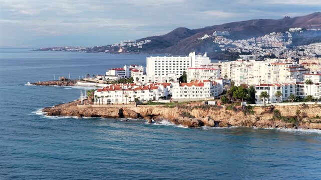 Aerial View of the Balc&oacute;n de Europa Lookout Point and the Dramatic Coastline of Nerja, Andalusia, on the Mediterranean Sea