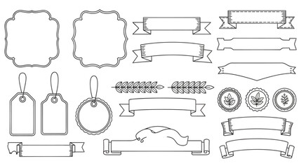 Hand-drawn vintage banners, frames, labels, badges, and a car silhouette collection for graphic design, branding, and decorative assets.