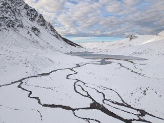 Winter sunset at Lake Isaby. Hautacam, Isaby Valley