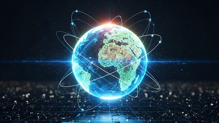 Dynamic digital Earth with interconnected global network lines, symbolizing worldwide communication, technological innovation, and data exchange in a futuristic dark setting