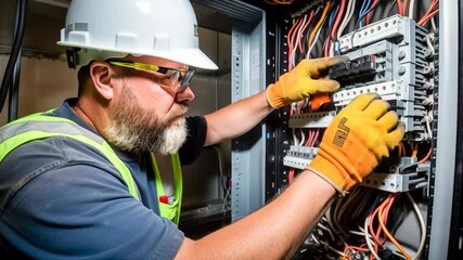 A man in a white hat and gloves is working on a power box. He is focused on his task and he is a skilled electrician. Installation in HiTech factory.

