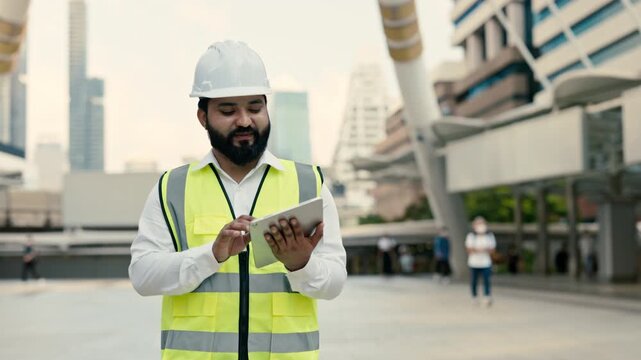 Portrait of bearded Indian builder taskmaster using tablet at megapolis pedestrian bridge. Positive technician checks data of architectural project on device in urban environment