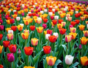Obraz premium Vibrant tulip field in full bloom, a breathtaking spring natural landscape, idyllic, color