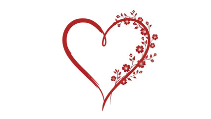 Ornate Red Heart Outline Decorated with Elegant Floral Vines on Isolated White Background