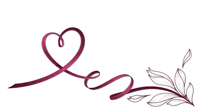 Elegant burgundy ribbon forming a heart shape and intertwining with delicate line-drawn leaves and a branch on a white background.