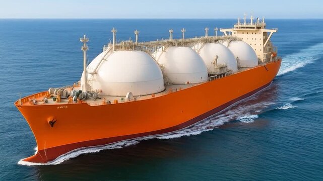 Aerial view of Liquified Natural Gas LNG transport vessel ship on the ocean.