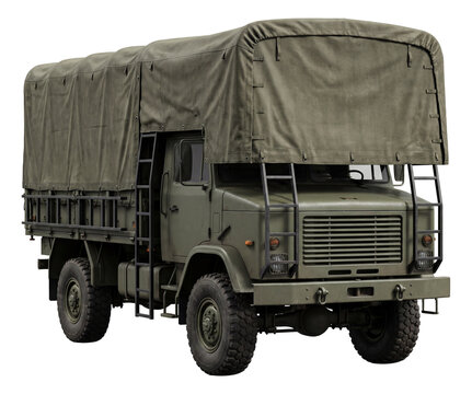 Robust military medevac vehicle featuring a canvas cover and side ladders.