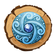Carved wooden emblem with blue wave pattern and diamond for fantasy rpg game interface and skill icon