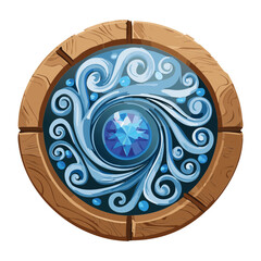 Round wooden frame with blue water swirl and gemstone for fantasy game elemental magic skill icon
