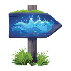 Left pointing wooden signpost with magical blue water element for fantasy rpg adventure and quest navigation