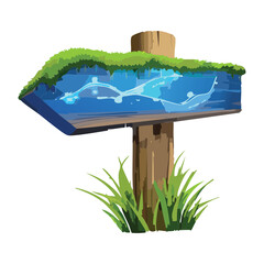Right pointing wooden arrow sign with flowing water element for fantasy game quest and navigation interface