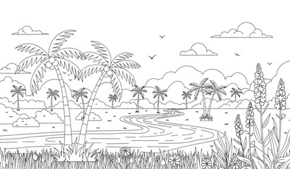 a detailed line drawing depicts a tropical beach scene with swaying palm trees fluffy clouds and a winding stream flowing towards the ocean