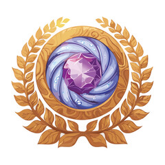 Elegant purple gemstone emblem with golden laurel wreath for fantasy game achievement and ranking icon