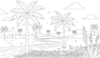 a serene tropical landscape featuring several palm trees a winding river lush vegetation and fluffy clouds provides a peaceful scene for relaxation