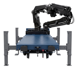 Flatbed railcar featuring a crane and stabilizing support legs.