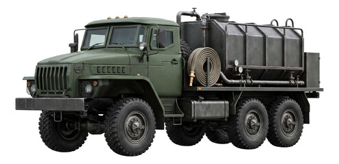 Obraz premium Three-axle military truck equipped with a water tank and hose for firefighting.