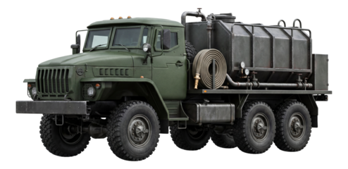 Three-axle military truck equipped with a water tank and hose for firefighting.