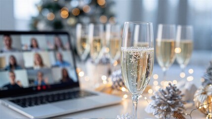 Elegant champagne flutes filled with sparkling beverage are arranged on a festive table, with a laptop displaying a virtual gathering and holiday decorations in the background