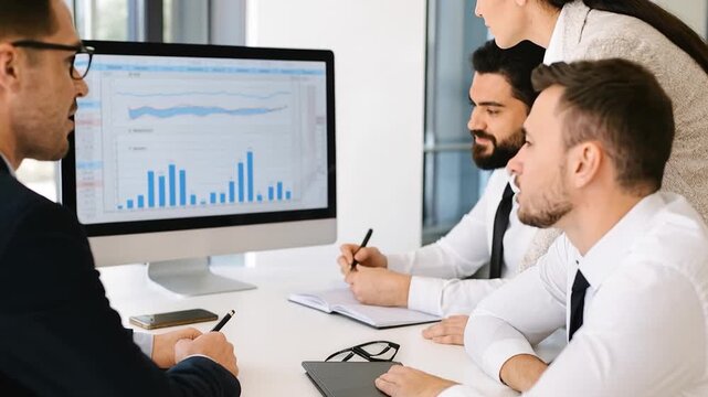 Business people, and computer with group for agenda, tasks or services in office. Team, creative and coworking with teamwork for schedule planning, ideas or brainstorming in workplace.
