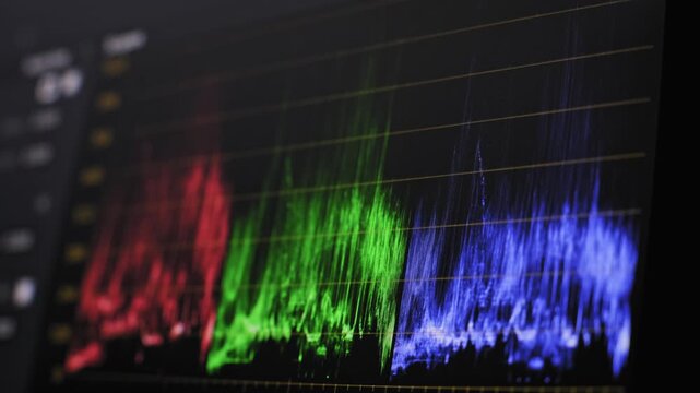 Angled shot of an RGB parade scope displaying fluctuating waveforms on a computer monitor. The shallow depth of field focuses on the vibrant data points used in color grading.