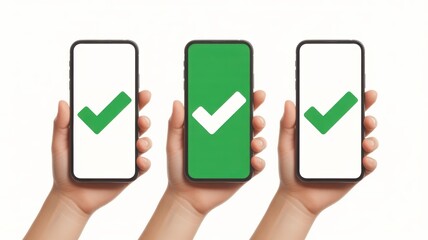 Hands holding smartphones with green checkmarks on screen in approval gesture with bright green and white color on isolated white background for mobile app design