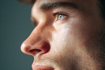 Obraz premium Close-up profile portrait of a young man with striking blue eyes and defined facial features, showcasing a thoughtful expression and natural skin texture in a neutral background