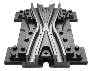 Railway frog unit featuring bolted plates and unique flangeway design.