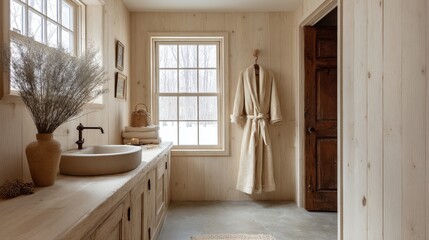 A bathroom with a sink, a window, and a robe hanging on a door. The room has a rustic, cozy feel to it