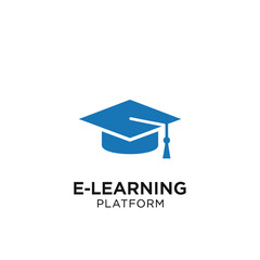 E-learning platform text with graduation cap icon for education design
