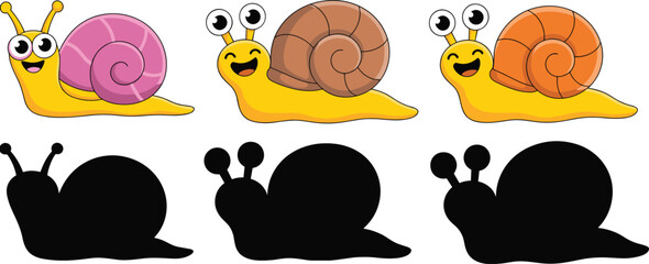 Cute cartoon snail characters with colorful shells and silhouette versions, playful animal illustration set for kids design, education, stickers, mascots, and fun nature graphics © Mst
