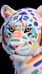 White tiger with colorful mosaic patterns on fur