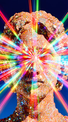 Human face with exploding light and starburst
