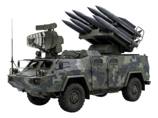 Armored vehicle modified with missile launcher and targeting radar for air defense.