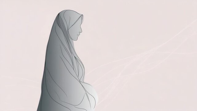 Minimal line art of a woman in niqab drawn in gray outlines on soft pastel background, modern flat illustration representing dignity, identity, and cultural respect