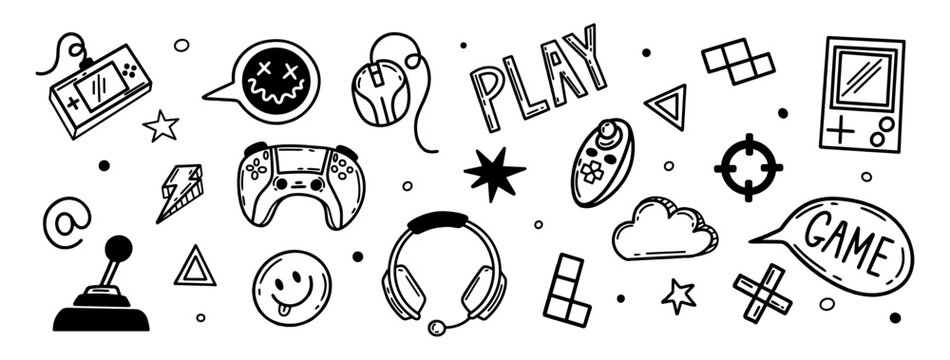 Doodle vector set featuring video game elements. Video gamer console, joystick, controller ellement. Perfect for video game themed project.