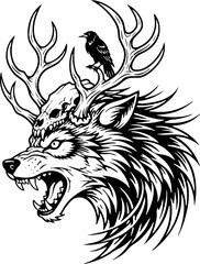 Fototapeta premium Howling wolf head wearing deer skull and antlers with a crow.