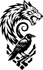 Fototapeta premium Black and White Wolf Head and Raven Tribal Graphic Illustration