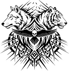 Fototapeta premium Wolf and Tiger tribal graphic design with raven skull emblem.
