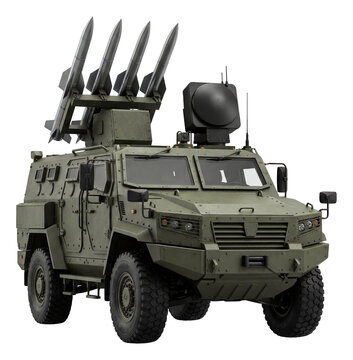 Armored vehicle equipped with missile launcher and radar guidance system.