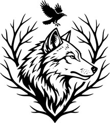 Fototapeta premium Monochromatic Wolf Head with Raven and Branches Illustration