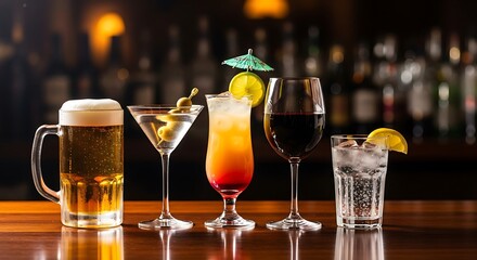Assortment of refreshing alcoholic and non-alcoholic drinks on a bar counter