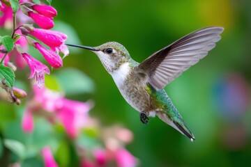 Naklejka premium Hummingbird hovering gracefully near vibrant pink flowers, showcasing intricate details of wings and colors, capturing the essence of nature's beauty and tranquility