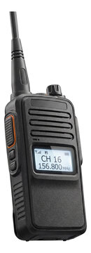 Portable VHF radio featuring a digital screen and push-to-talk function.