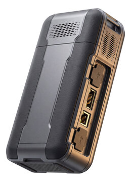 Portable radio repeater with modular ports and ventilation features.